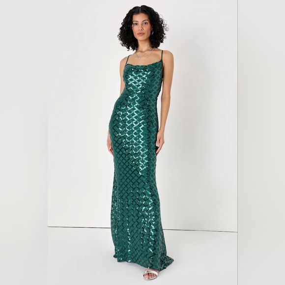 Lulus Stop and Glow Emerald Green Sequin Cowl Neck Maxi Dress S Wedding Party - Picture 2 of 12
